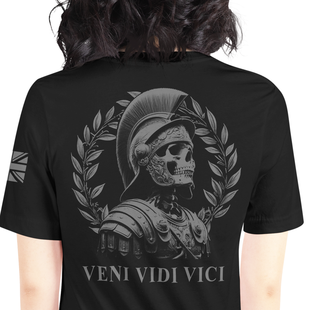Back view of woman wearing black short sleeve unisex fit original T-Shirt by Achilles Tactical Clothing Brand Veni Vidi Vici design