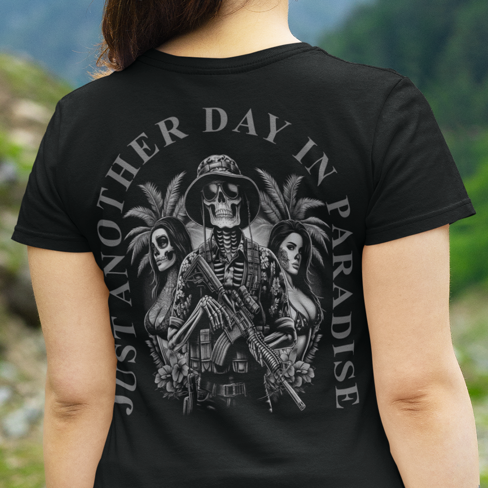 Back view of woman wearing Black short sleeve unisex fit original cotton T-Shirt by Achilles Tactical Clothing Brand printed with Large Another day in Paradise design across back