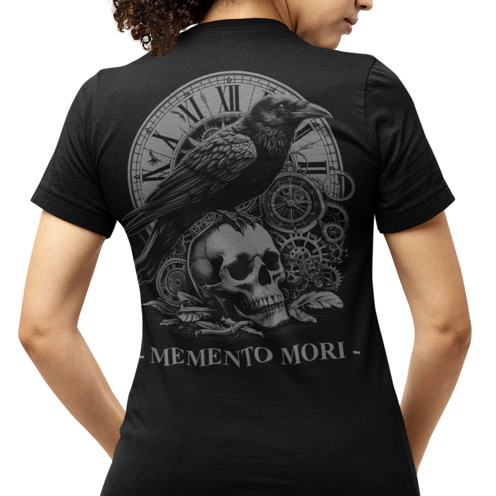 Back view of woman wearing black short sleeve unisex fit original T-Shirt by Achilles Tactical Clothing Brand Memento Mori design