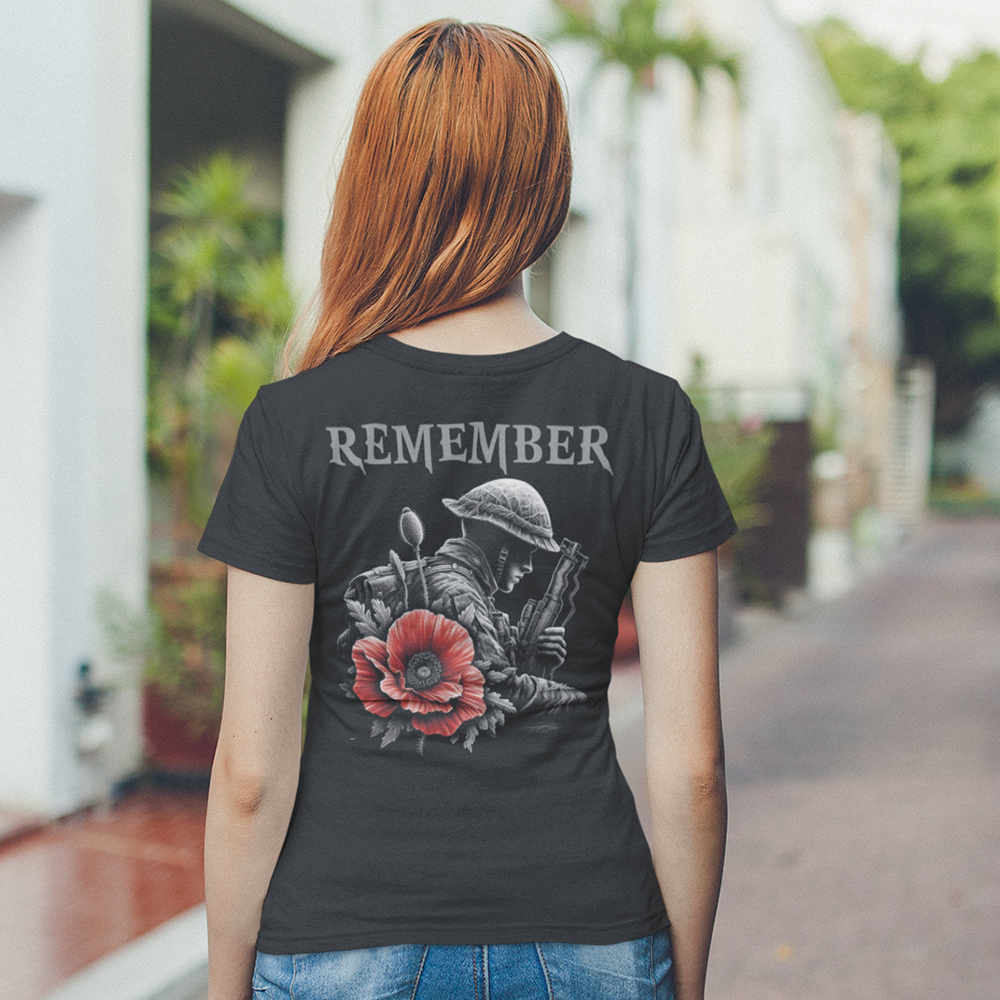 Back view of woman wearing black short sleeve unisex fit original T-Shirt by Achilles Tactical Clothing Brand Remember Poppy design