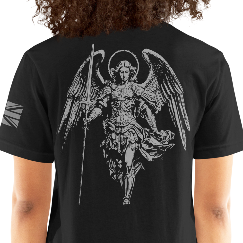 Back view of woman wearing black short sleeve unisex fit original T-Shirt by Achilles Tactical Clothing Brand Saint Michael design