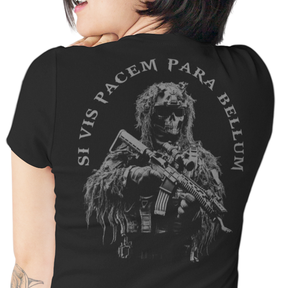 Back view of woman wearing black short sleeve unisex fit original T-Shirt by Achilles Tactical Clothing Brand Si Vis Pacem Para Bellum design
