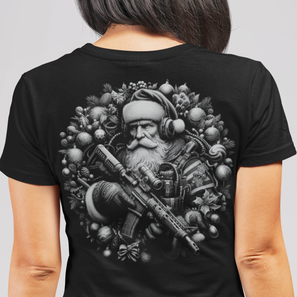 Back view of woman wearing Black short sleeve unisex fit original cotton T-Shirt by Achilles Tactical Clothing Brand printed with Large Tactical Santa design across back