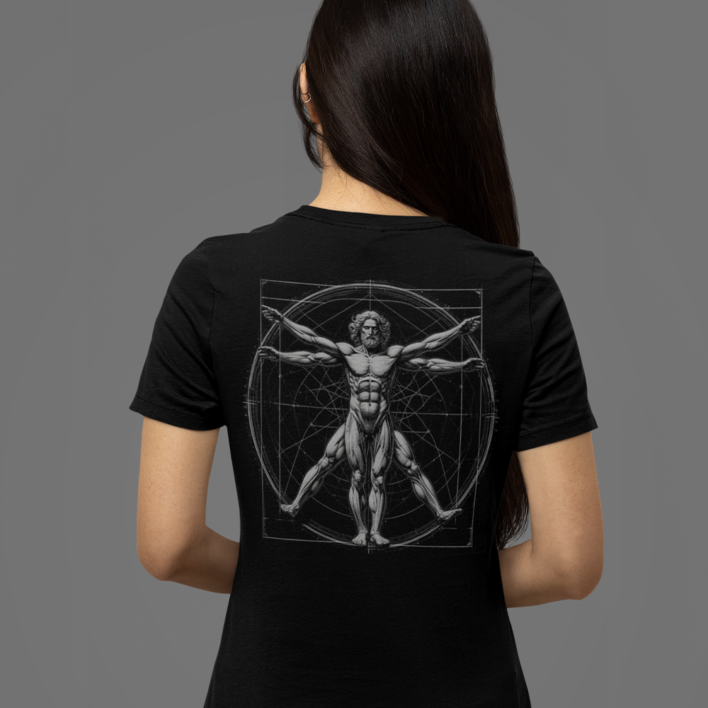 Back view of woman wearing black short sleeve unisex fit original cotton T-Shirt by Achilles Tactical Clothing Brand printed with Large Vitruvian man design across back