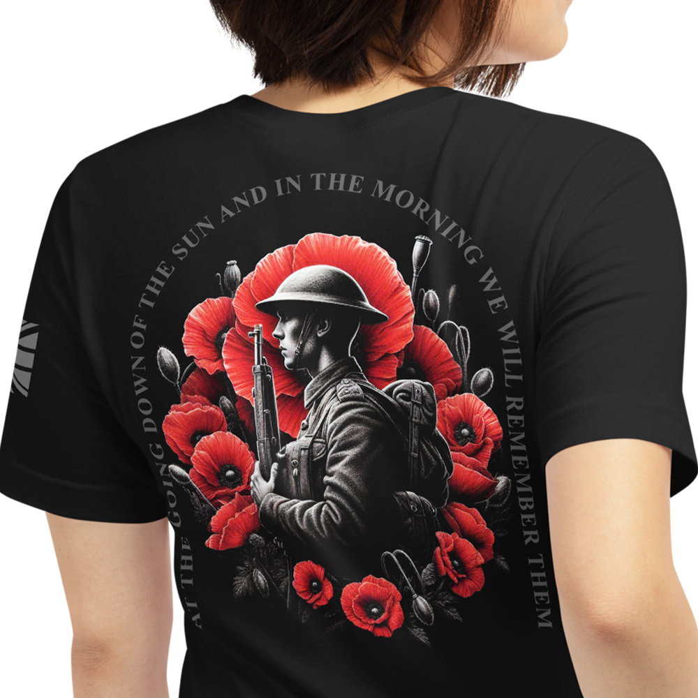 Back view of woman wearing black short sleeve unisex fit original T-Shirt by Achilles Tactical Clothing Brand We Will Remember design