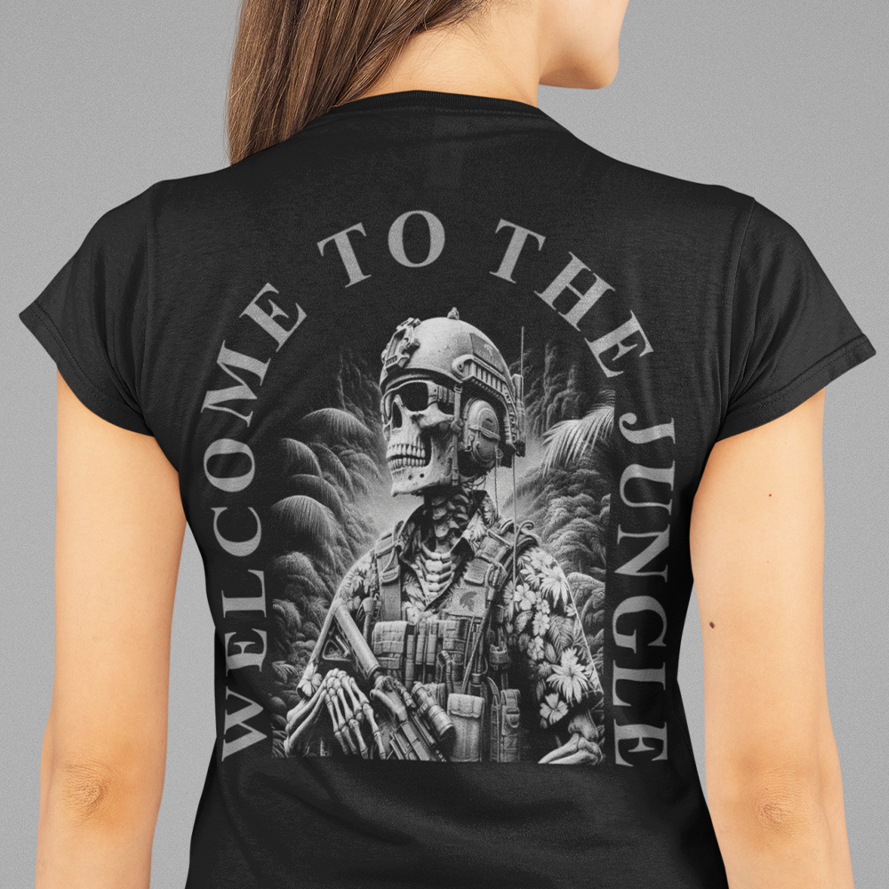 Back view of woman wearing Black short sleeve unisex fit original cotton T-Shirt by Achilles Tactical Clothing Brand printed with welcome to the jungle design across back