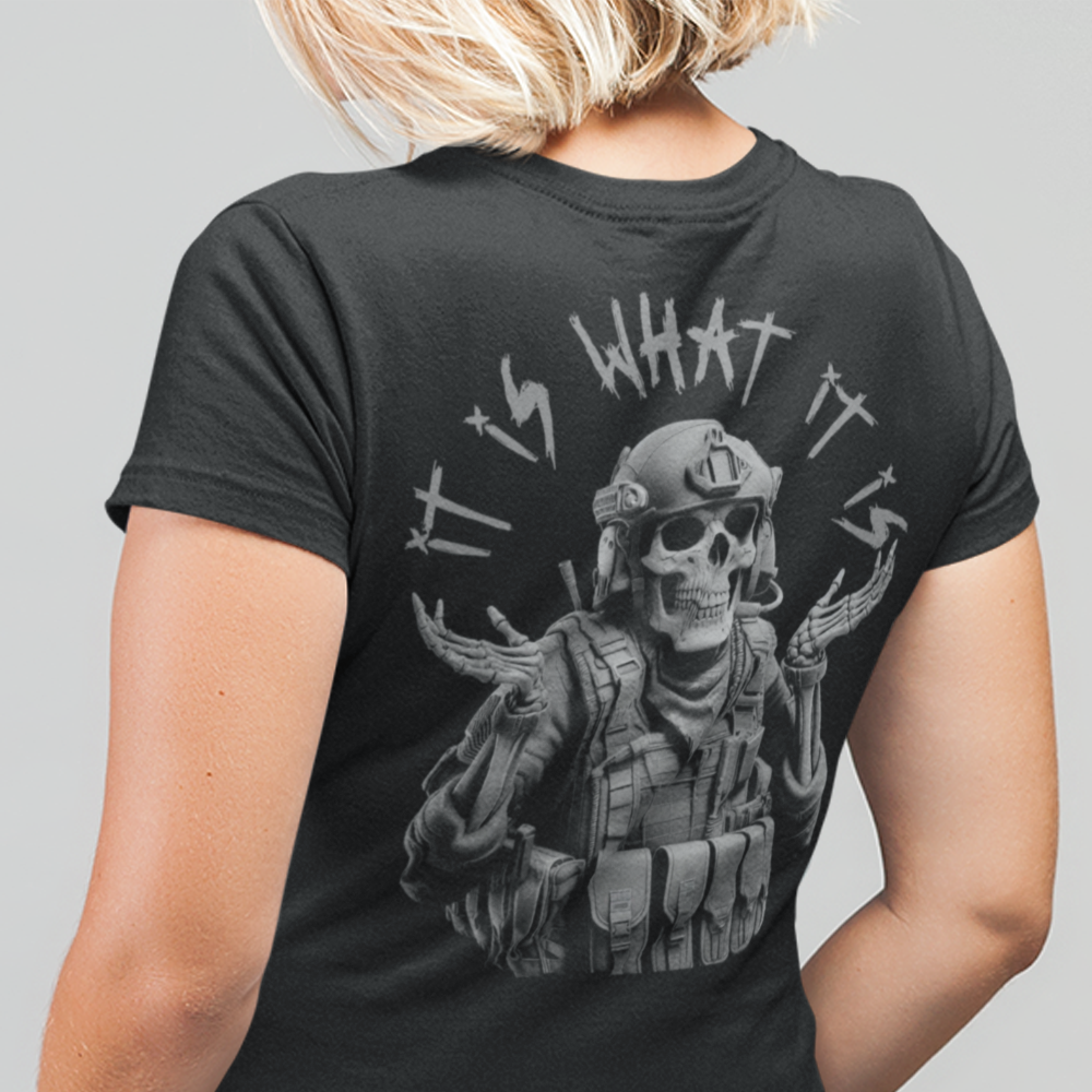 Back view of woman wearing Black short sleeve unisex fit original cotton T-Shirt by Achilles Tactical Clothing Brand printed with Large What it is design across back