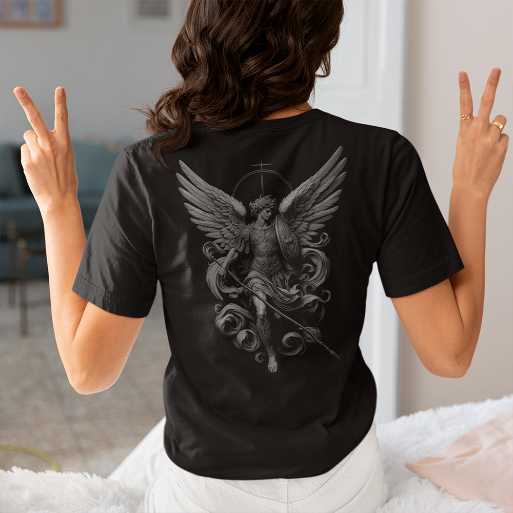 Back view of woman wearing black short sleeve unisex fit classic T-Shirt by Achilles Tactical Clothing Brand Archangel design