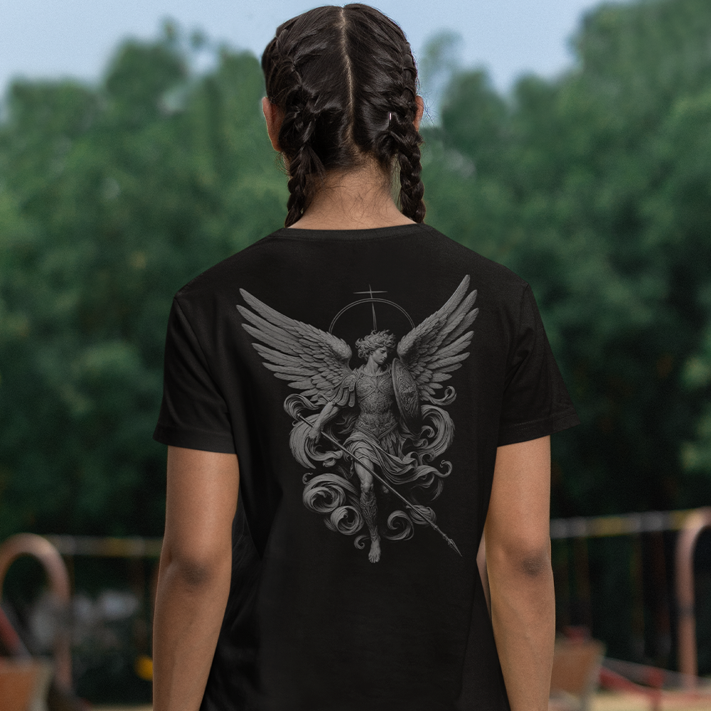 Back view of woman wearing black short sleeve unisex fit original T-Shirt by Achilles Tactical Clothing Brand Archangel design