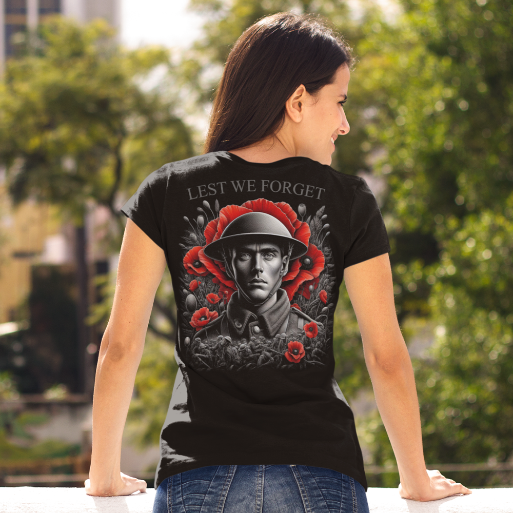 Back view of woman wearing black short sleeve unisex fit original T-Shirt by Achilles Tactical Clothing Brand Lest We Forget design