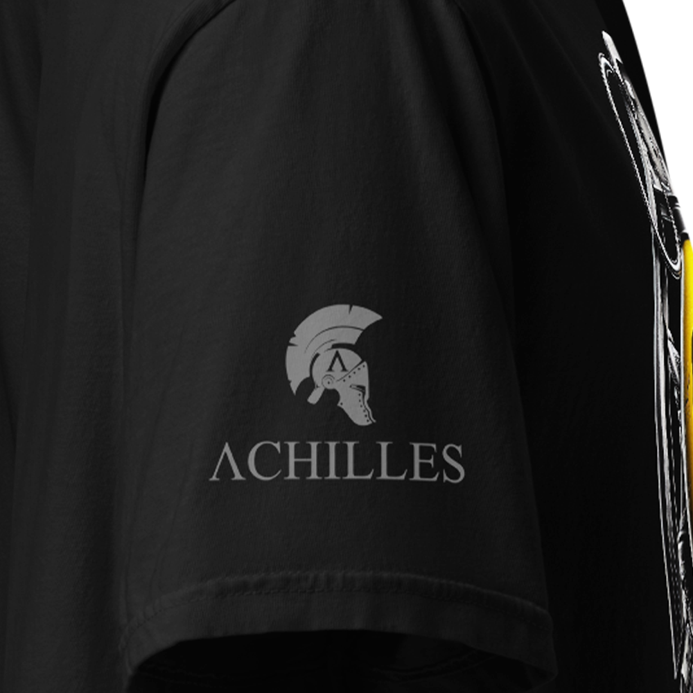Close Up of Right sleeve of Black short sleeve classic cotton unisex fit T-Shirt by Achilles Tactical Clothing Brand with screen printed Achilles have a nice day design