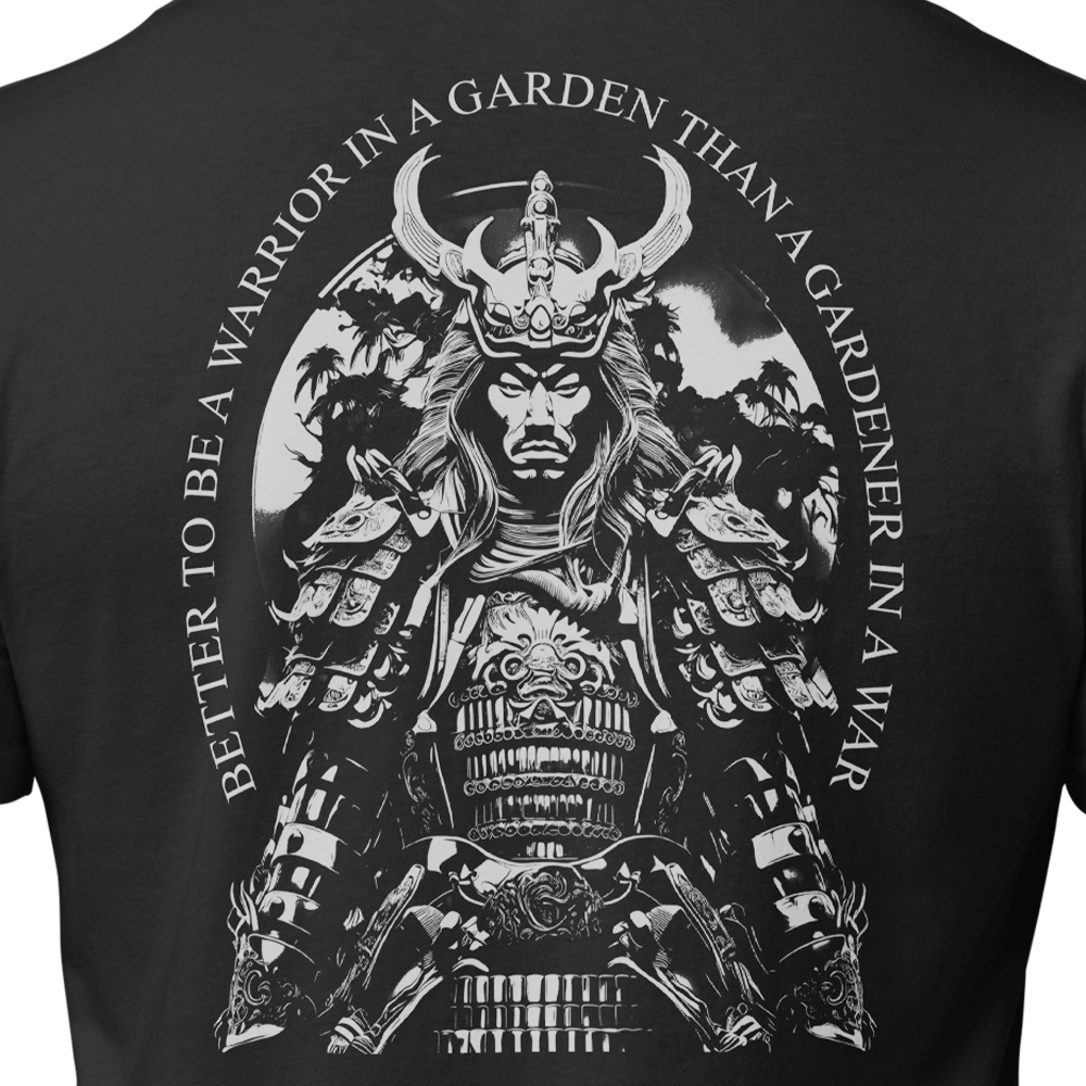 Close up of Back view of Black short sleeve unisex fit Athletic tee by Achilles Tactical Clothing Brand with Wolf grey Warrior in a garden design across back