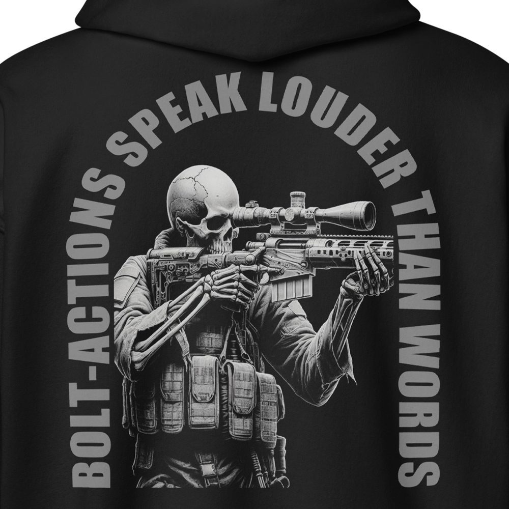 Close up of Back view of Black unisex fit zipper hoodie by Achilles Tactical Clothing Brand with Grey Bolt-Actions Design across back