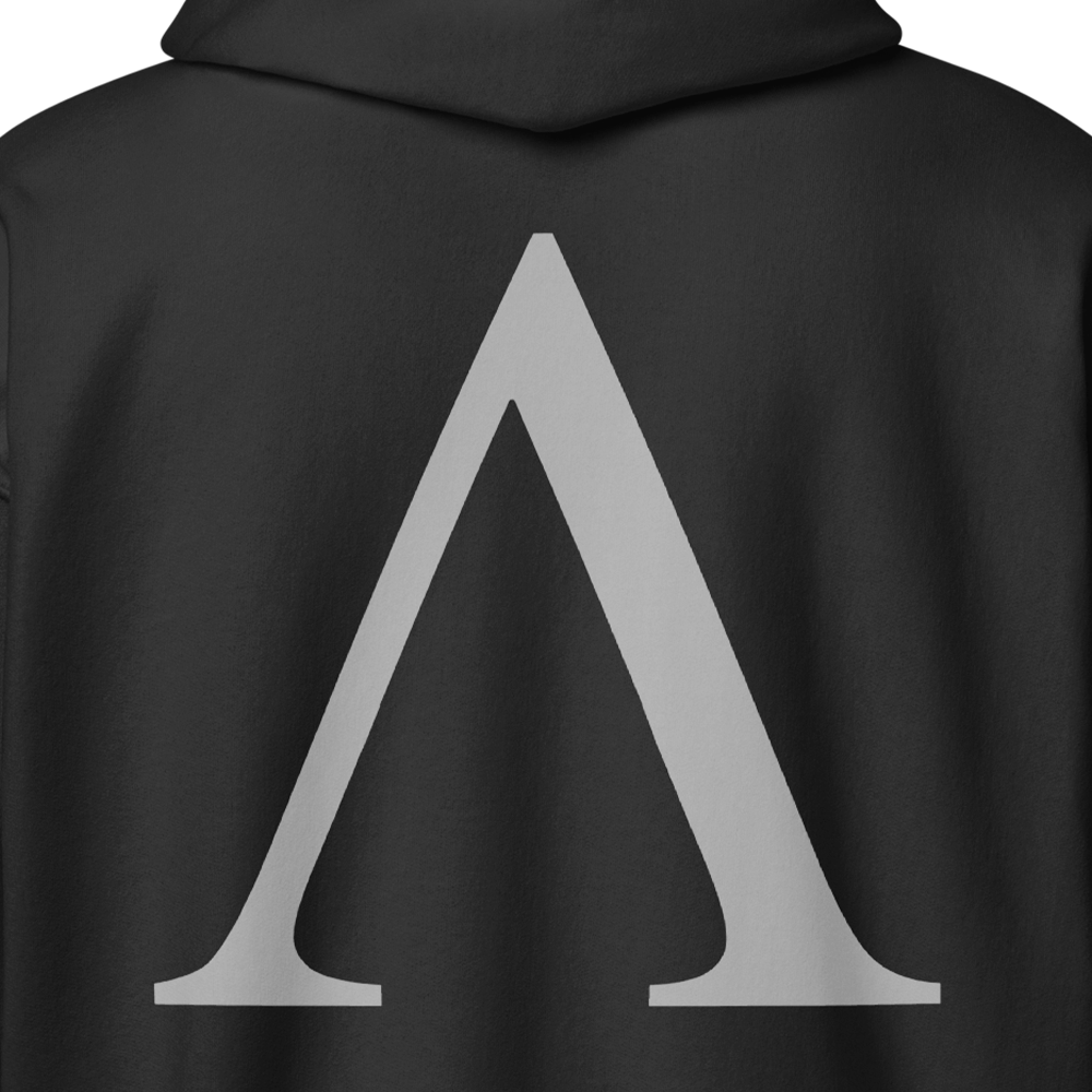 Close up of Back view of Black unisex fit zipper hoodie by Achilles Tactical Clothing Brand with Wolf Grey Alpha Design across back