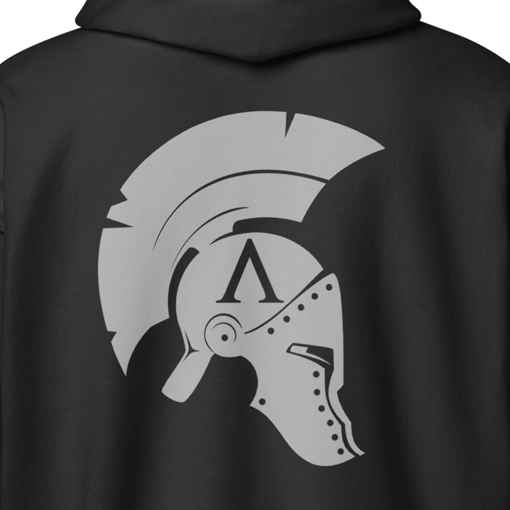Close up of Back view of Black unisex fit zipper hoodie by Achilles Tactical Clothing Brand with Wolf Grey Icon Design across back