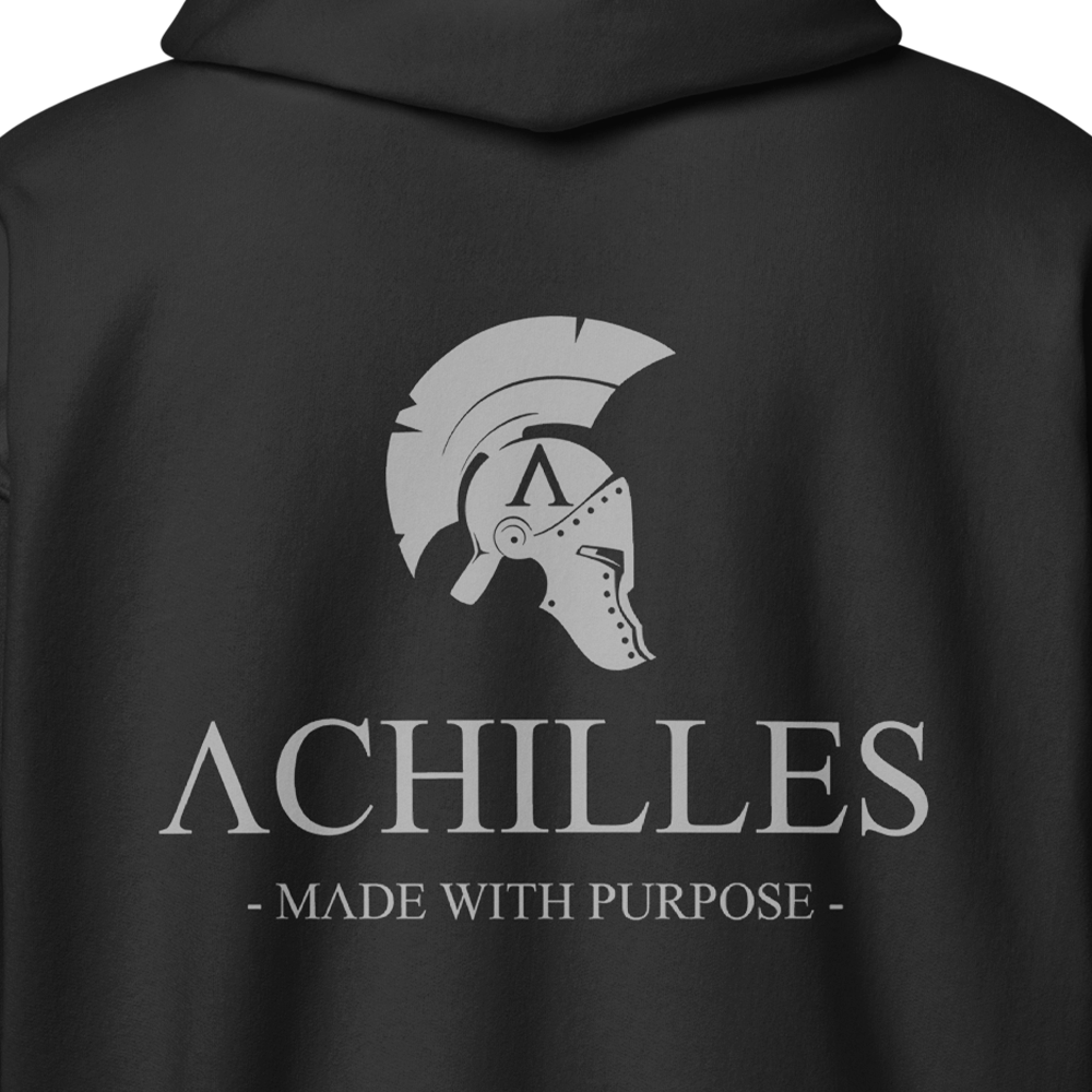 Close up of Back view of Black unisex fit zipper hoodie by Achilles Tactical Clothing Brand with Wolf Grey Signature Design across back