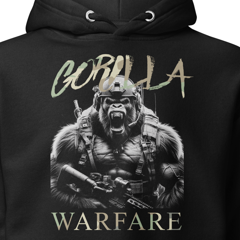 Close up Front view of Black unisex fit hoodie by Achilles Tactical Clothing Brand with Gorilla Warfare Design across chest