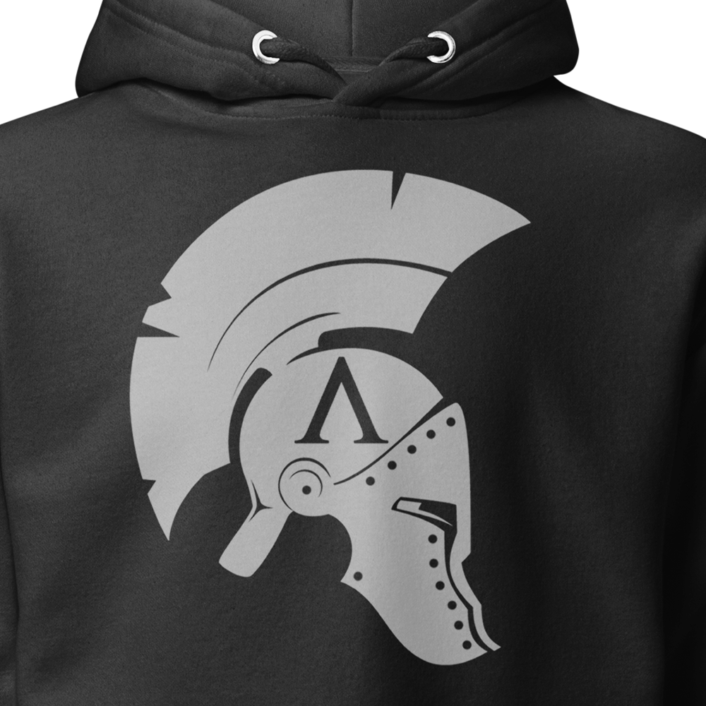 Close up Front view of Black unisex fit hoodie by Achilles Tactical Clothing Brand with Wolf Grey Icon Design across chest