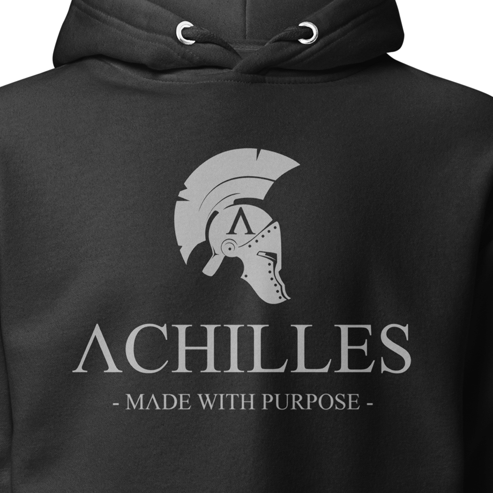 Close up Front view of Black unisex fit hoodie by Achilles Tactical Clothing Brand with Wolf Grey Signature Design across chest