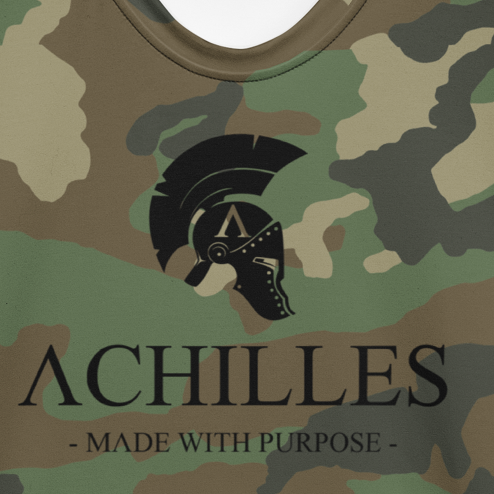 Close up of Front of DPM Cam short sleeve unisex fit athletic Tee by Achilles Tactical Clothing Brand printed with black Signature design across chest