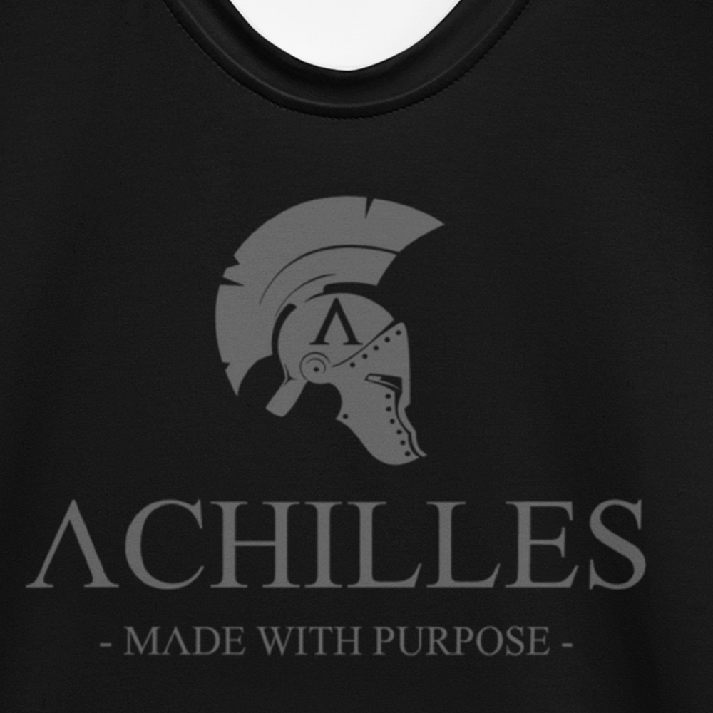 Close up front view of Black short sleeve unisex fit athletic Tee by Achilles Tactical Clothing Brand printed with Signature design across chest