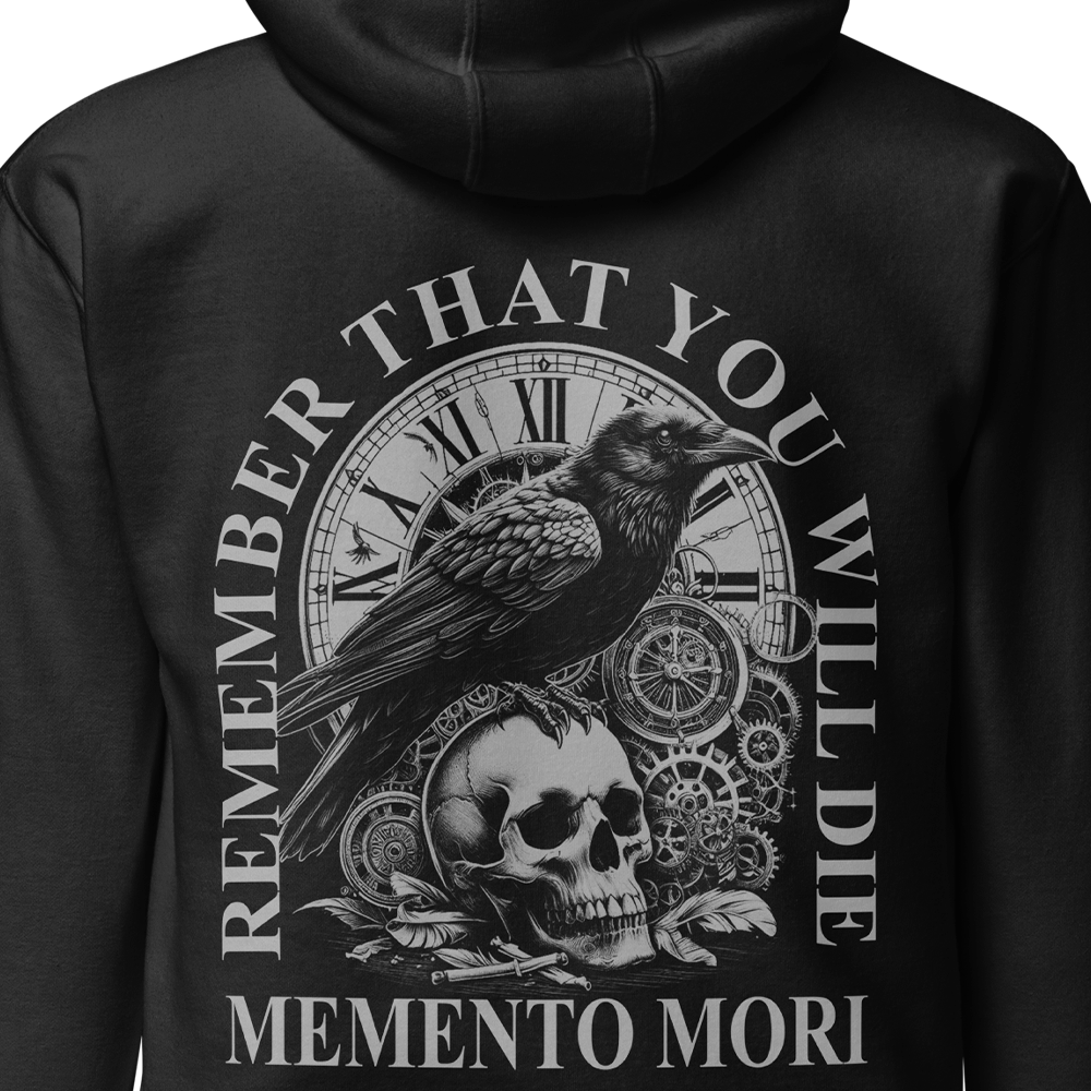 Close up of back view of Black unisex fit Pullover Hoodie by Achilles Tactical Clothing Brand printed with Large Memento Mori design across back