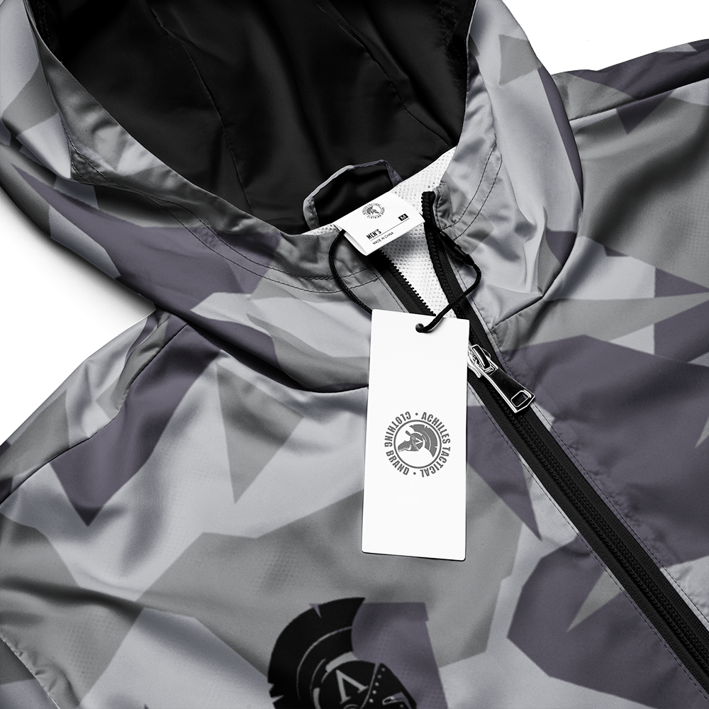 Close up collar view of Grey Geo Cam long sleeve unisex fit windbreaker track jacket by Achilles Tactical Clothing Brand printed with Achilles signature logo across back