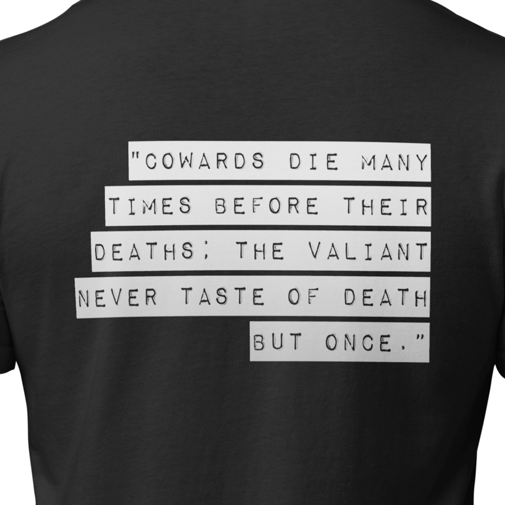 Close up of back of black Achilles Tactical Clothing Brand cotton T-Shirt with Wolf Grey Cowards and Valiant Shakespeare Quote across back
