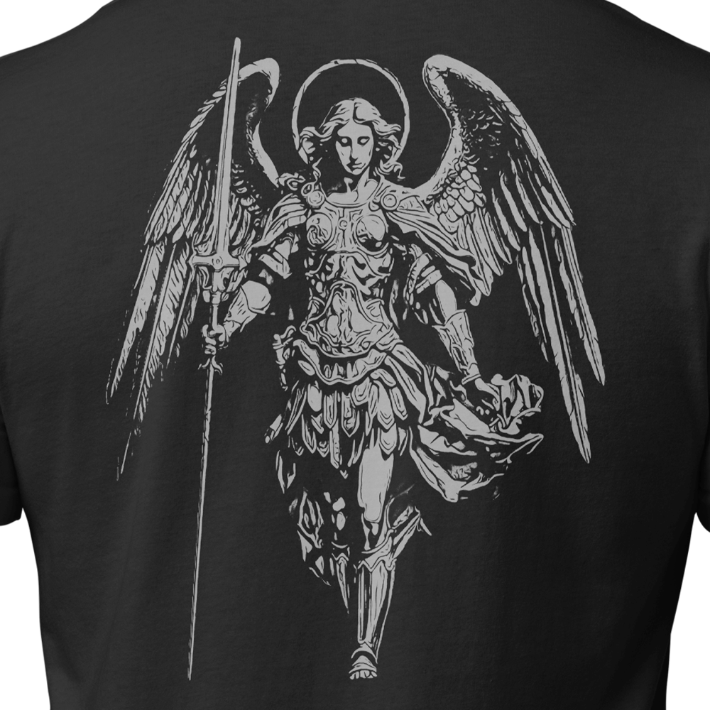 Close up of back of black Achilles Tactical Clothing Brand cotton T-Shirt with Wolf Grey Saint Michael design across back