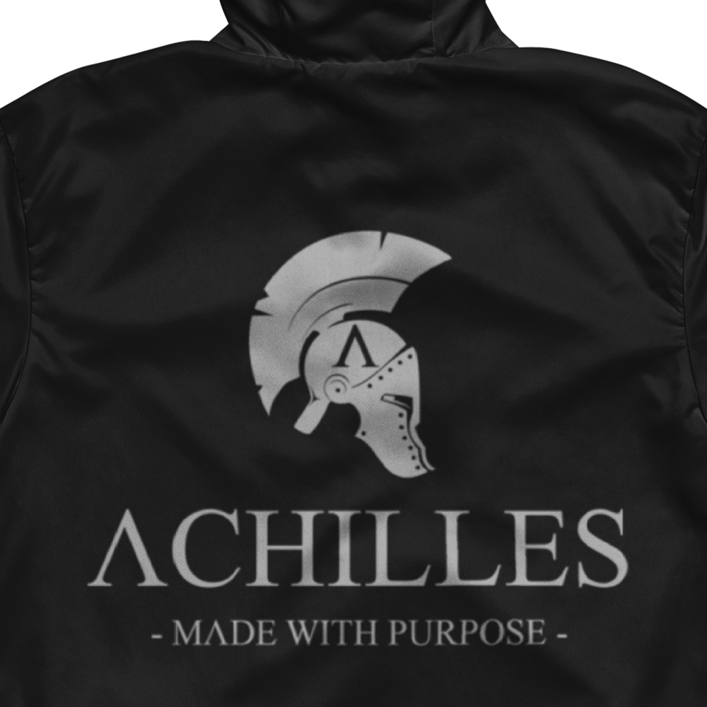 Close up of back view of Black long sleeve unisex fit windbreaker track jacket by Achilles Tactical Clothing Brand printed with Achilles signature logo across back