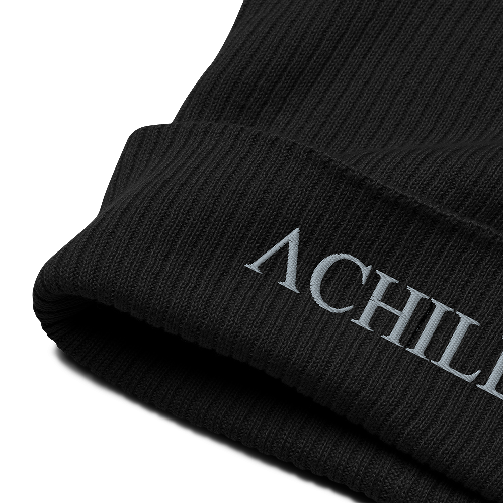 Close Up front view of black cotton organic ribbed beanie with Achilles Tactical Clothing Brand embroidered Achilles wording logo in wolf grey