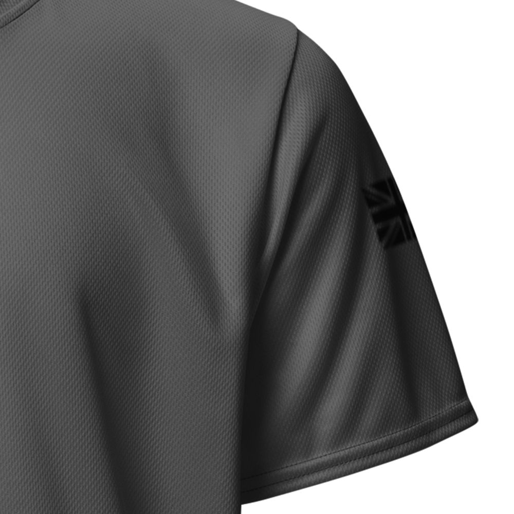 Close up of Graphite left sleeve unisex fit Performance Jersey by Achilles Tactical Clothing Brand