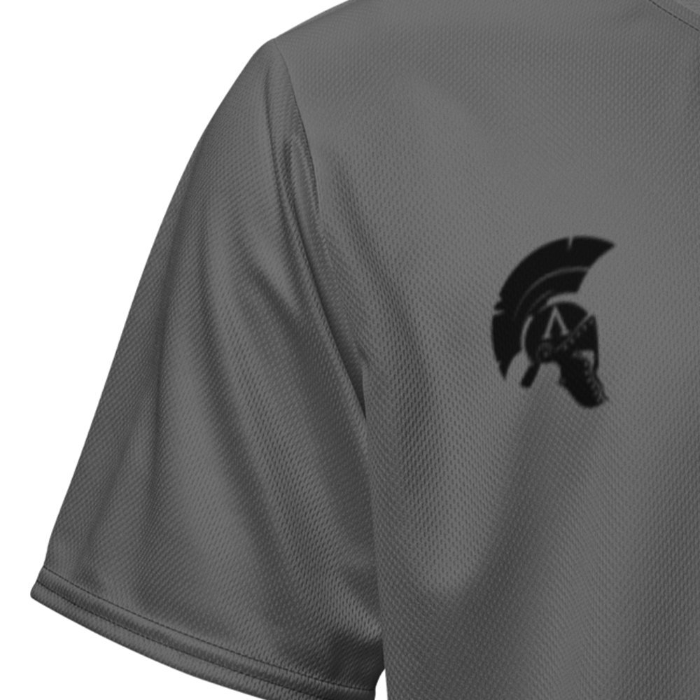 Close up of Graphite right sleeve unisex fit Performance Jersey by Achilles Tactical Clothing Brand