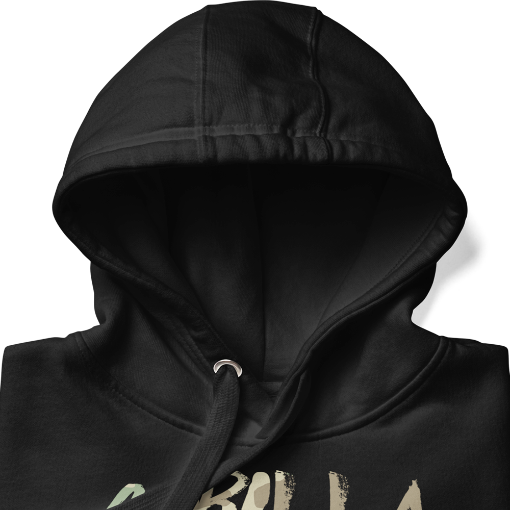 Close up of hood of black Achilles Tactical Clothing Brand hoodie with matching drawstrings Gorilla Warfare design