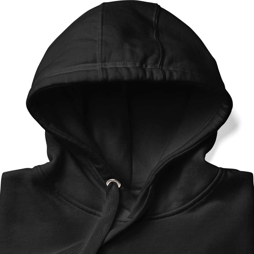 Close up of hood of Black unisex fit Pullover Hoodie by Achilles Tactical Clothing Brand printed with Large Gorilla Warfare design across back