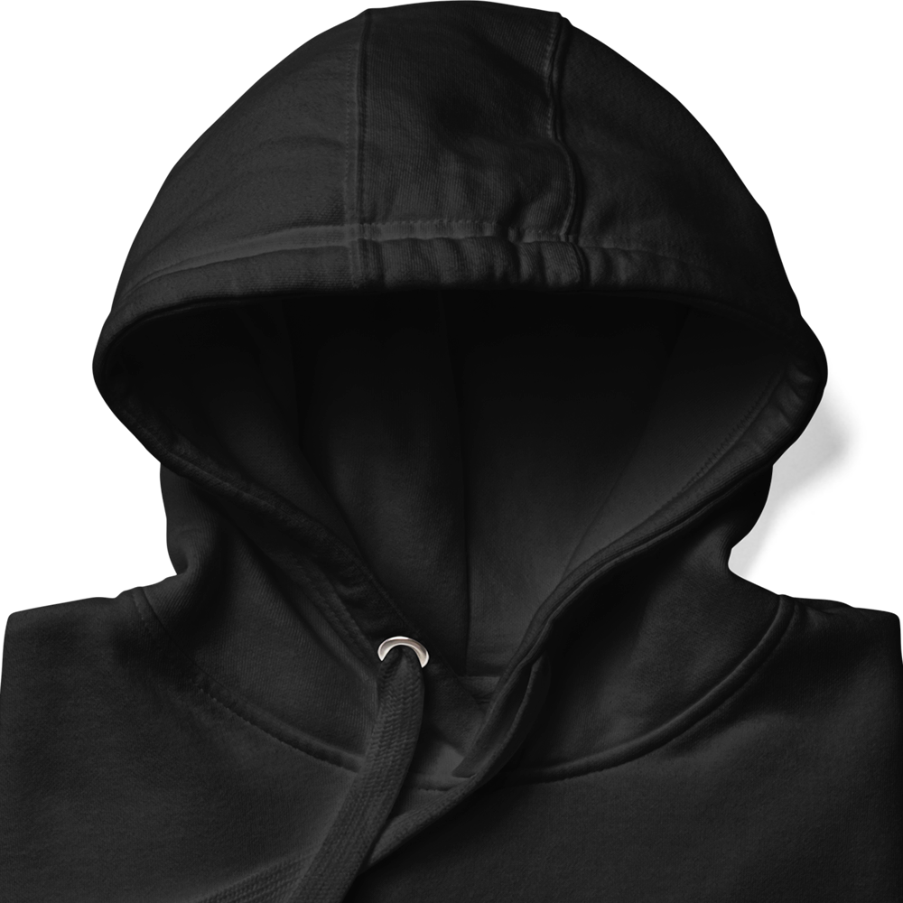 Close up of hood of black Achilles Tactical Clothing Brand hoodie with matching drawstrings