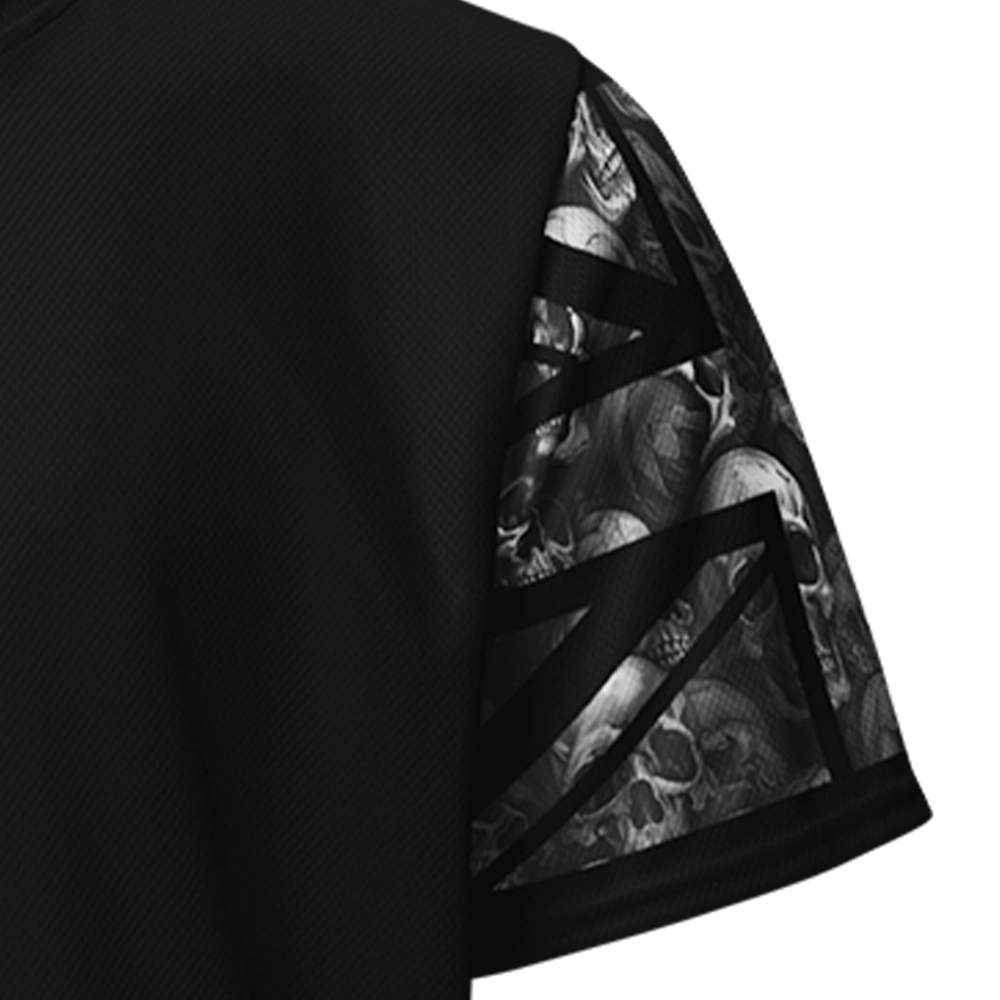 Close up of Left sleeve of Achilles Tactical Clothing Brand  performance jersey in grey Skulls style design