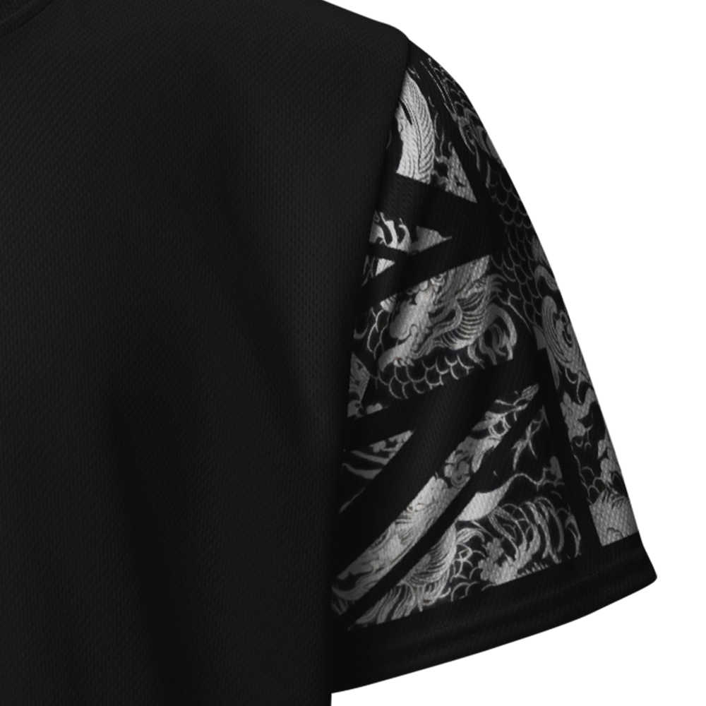 Close up of Left sleeve of Achilles Tactical Clothing Brand performance jersey in grey Japanese style design