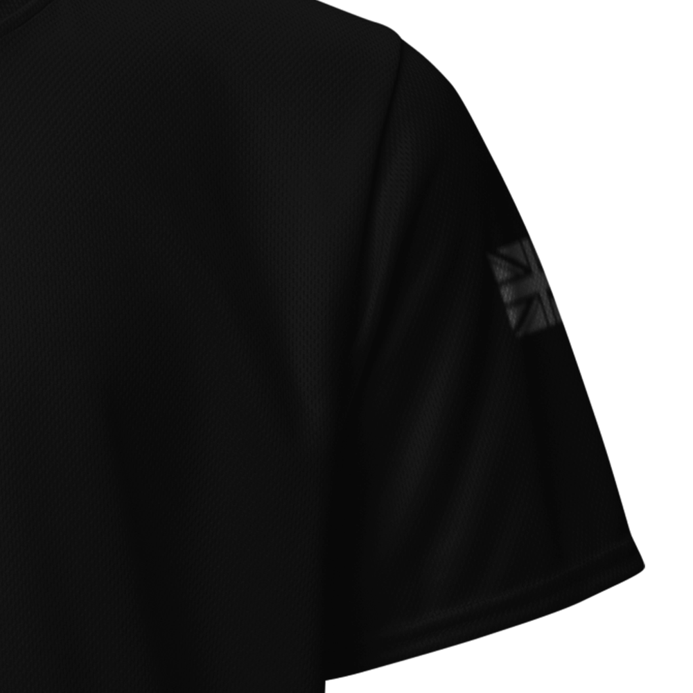 Close up of left sleeve of black short sleeve unisex fit Performance Jersey by Achilles Tactical Clothing Brand