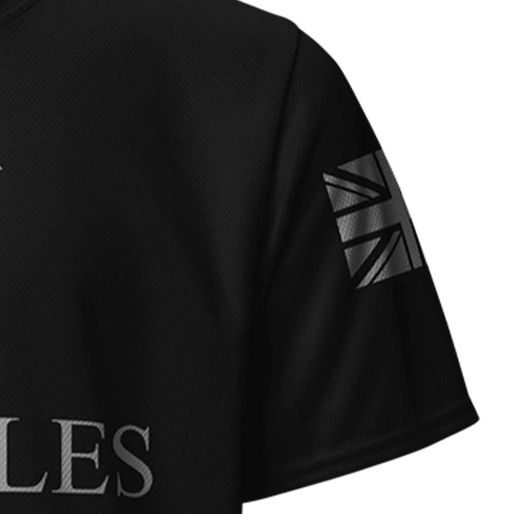 Close up of Left sleeve of Achilles Tactical Clothing Brand Performance Jersey Signature in grey