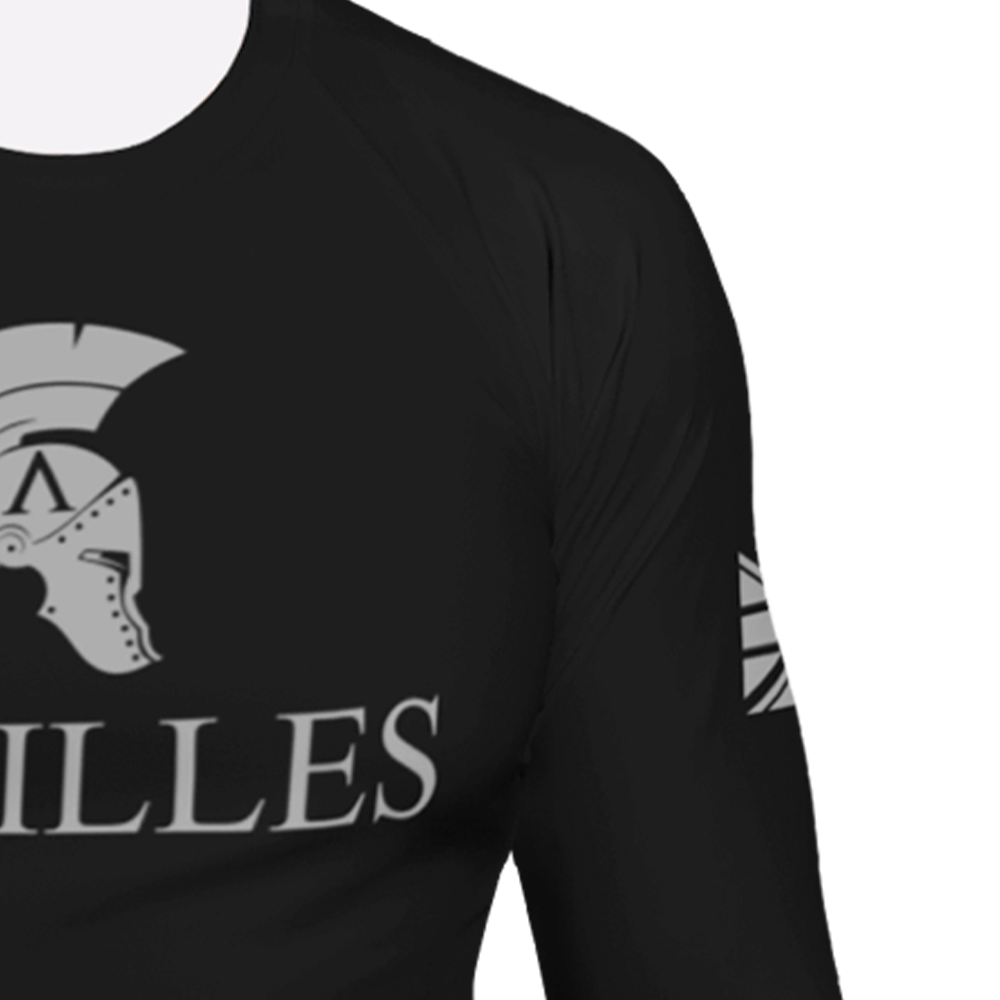 Close up of Left sleeve of Achilles Tactical Clothing Brand rash guard with Signature design in grey
