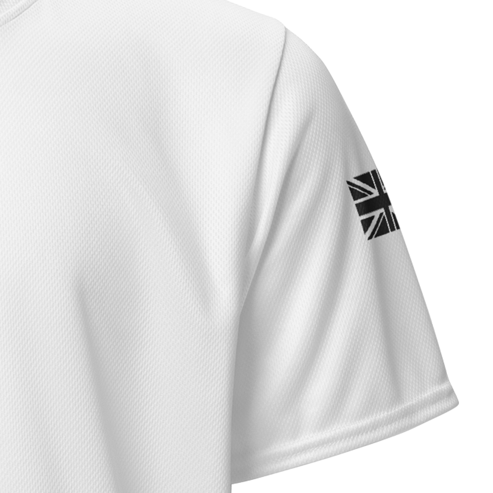 Close up of left sleeve of White short sleeve unisex fit Performance Jersey by Achilles Tactical Clothing Brand