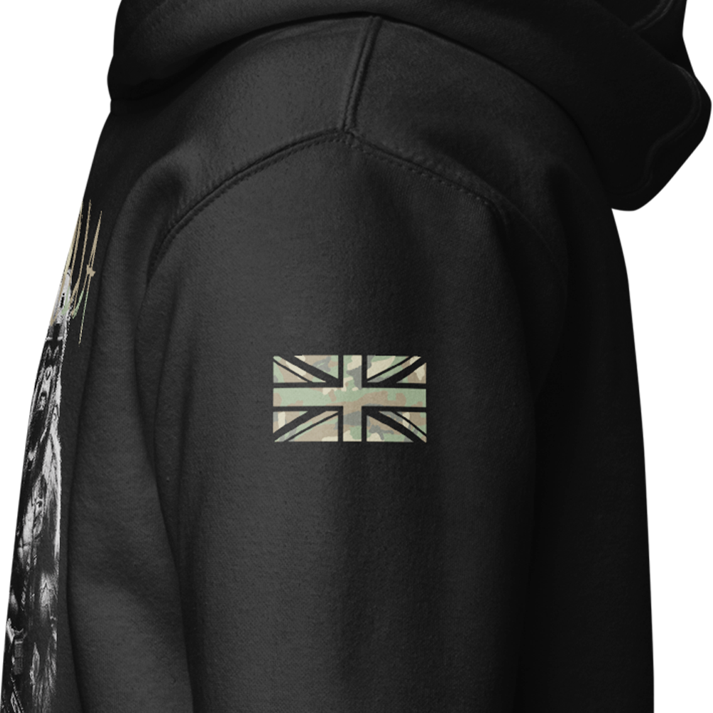 Close up of left sleeve of black Achilles Tactical Clothing Brand hoodie with DPM Cam union flag