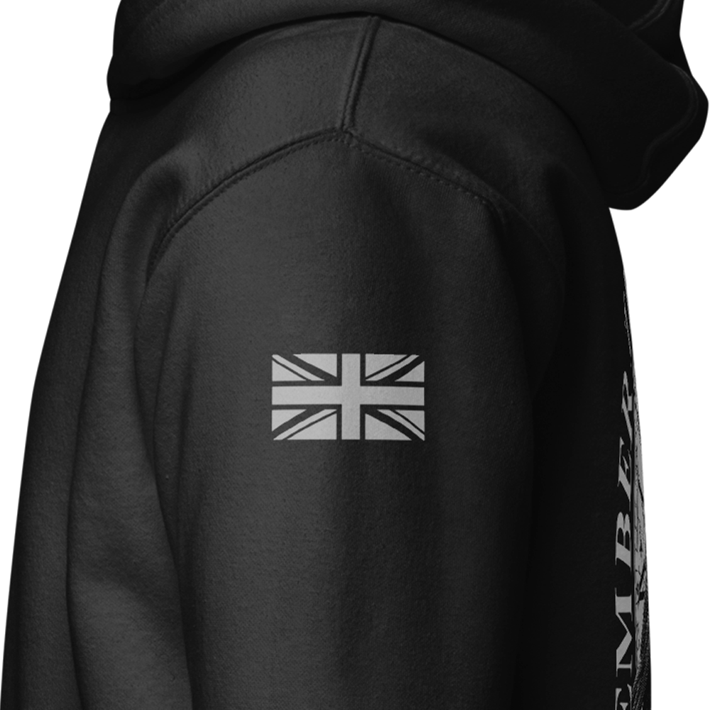 Close up of left sleeve of Black unisex fit Pullover Hoodie by Achilles Tactical Clothing Brand printed with Large Memento Mori design across back