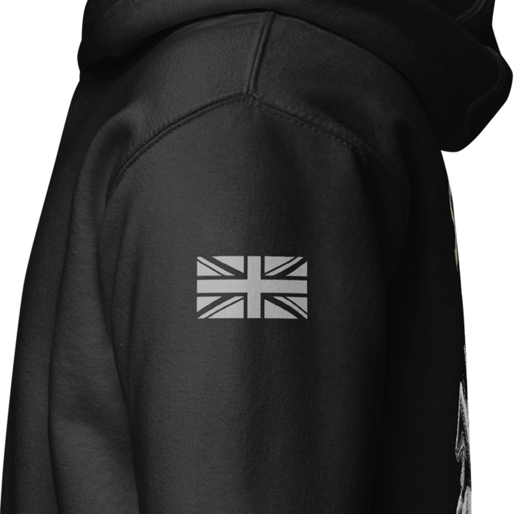 Close up of left sleeve of Black unisex fit Pullover Hoodie by Achilles Tactical Clothing Brand printed with Large Stay Frosty design across back