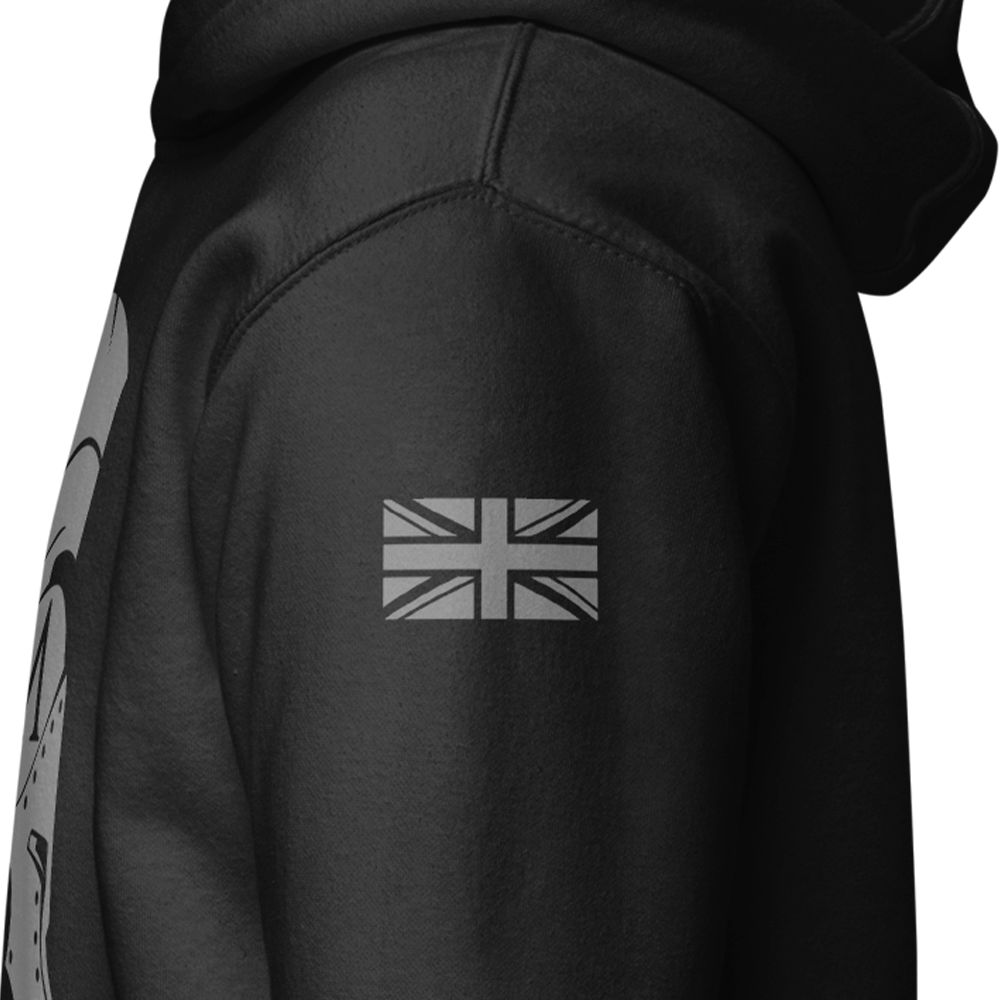 Close up of left sleeve of black Achilles Tactical Clothing Brand hoodie with wolf grey union flag