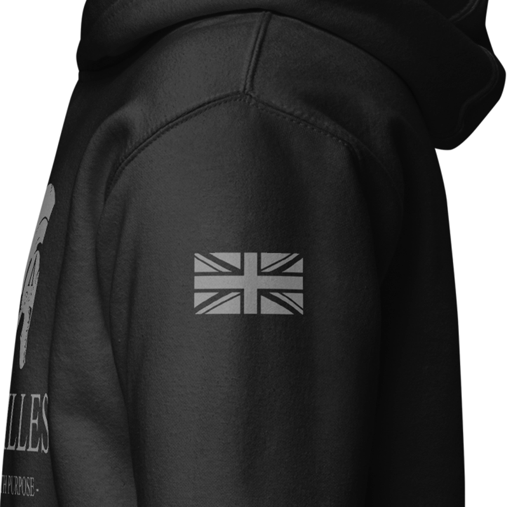 Close up of left sleeve of black Achilles Tactical Clothing Brand hoodie with wolf grey union flag