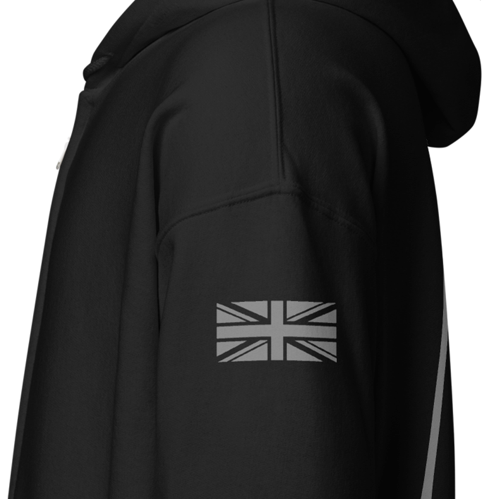 Close up of left sleeve of black Achilles Tactical Clothing Brand zipper hoodie with Wolf grey union flag on sleeve Alpha Design