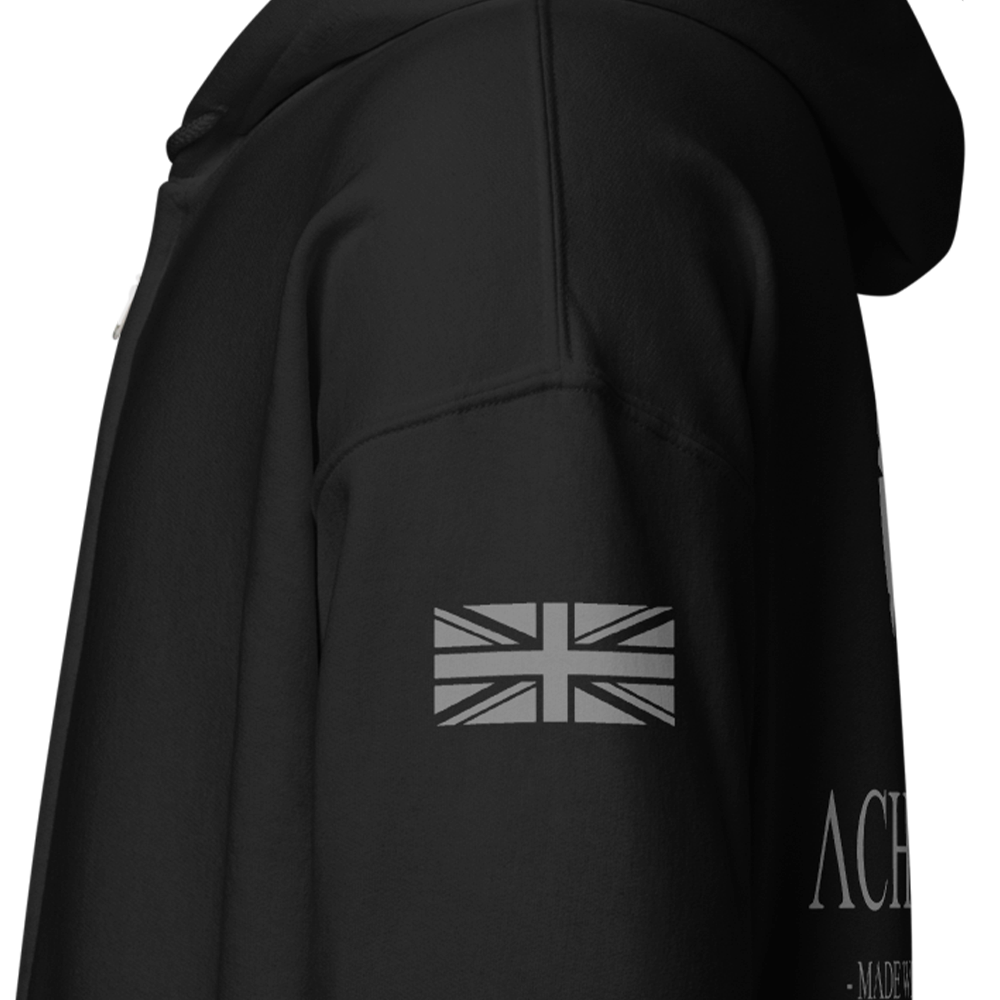 Close up of left sleeve of black Achilles Tactical Clothing Brand zipper hoodie with Wolf grey union flag on sleeve
