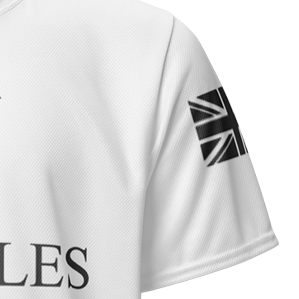 Close up of Left sleeve of white Achilles Tactical Clothing Brand Performance Jersey Signature in grey